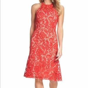 Chelsea28 Red Lace Fit & Flare Halter Dress Nude Lined Size 2